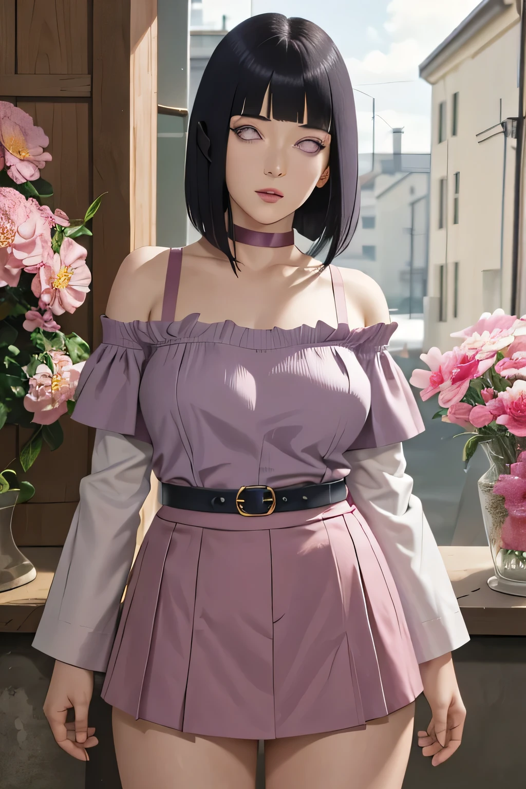 masterpiece, absurdres, hinata\(boruto\), 1girl, solo,mature female, off-shoulder strap bra, high waist short skirt, looking at viewer, (falling petals), perfect composition, detailed lips, big breast, beautiful face, body propotion, blush, (pink lips), long hair, purple eyes, soft gaze, super realistic, detailed, photoshoot, realistic face and body,