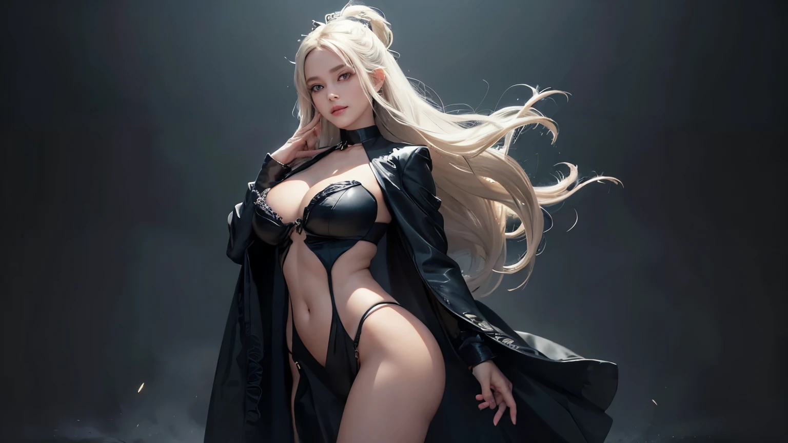 In a masterful display of artistic prowess, Lucifer from Helltaker emerges as the focal point of a hyper-realistic 8K human portrait. Clad in a formal suit featuring a striking red shirt, black pants, and a matching black necktie, she commands attention with her serene expression and captivating smile, her gaze fixed directly upon the viewer. She has the face of ((https://images.fineartamerica.com/images/artworkimages/mediumlarge/3/1-gorgeous-blonde-with-big-breasts-mihai-b.jpg)). Her eyes, almond-shaped and bewitching, mesmerize with their striking red crimson irises, framed by gracefully arched eyebrows and thick, voluminous lashes that curl upwards. Luxuriant waves of light-white hair cascade around her, catching the light in subtle platinum highlights, while her smooth, porcelain-like skin radiates a subtle glow, suggesting vitality and allure, an elegant mix of botanical and geometric patterns that enhance her already captivating presence. Her attire, a black dress and a choker around her neck, serves to underscore her beauty and sophistication. Standing tall and confident, Lucifer possesses very large bosoms, fitting into an I-sized cup, (mature female, milf:1.3). Rendered with meticulous attention to detail and realism, this portrait captures every nuance of Lucifer's appearance, from the delicate contours of her face to the subtle textures of her clothing and skin. Set against a deep matte black background, she stands as a timeless symbol of beauty and allure, her dynamic pose and perfect anatomy drawing the viewer into her world. This high-resolution masterpiece transcends mere artistry, offering a glimpse into the depths of Lucifer's character and personality. With its cinematic composition and meticulous attention to detail, a true masterpiece in every sense of the world. full body. large breasts, heavy makeup, detailed Tokyo street , smile, white hair, blush, eyeliner, white lips. thing waist (45 cm)