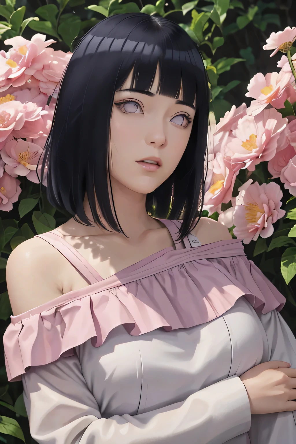 masterpiece, absurdres, hinata\(boruto\), 1girl, solo,mature female, off-shoulder strap bra, high waist short skirt, looking at viewer, (falling petals), perfect composition, detailed lips, big breast, beautiful face, body propotion, blush, (pink lips), long hair, purple eyes, soft gaze, super realistic, detailed, photoshoot, realistic face and body,