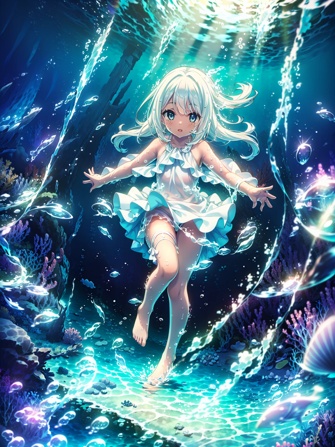 masterpiece, best quality, absurdres, 1girl, :), Deep under the sea, (white marble Greek temple under water), a girl floating in water, white_hair, dark_skin, fishs, Tyndall light, under sea, under ocean, underwater, submerged water, deep submersion
