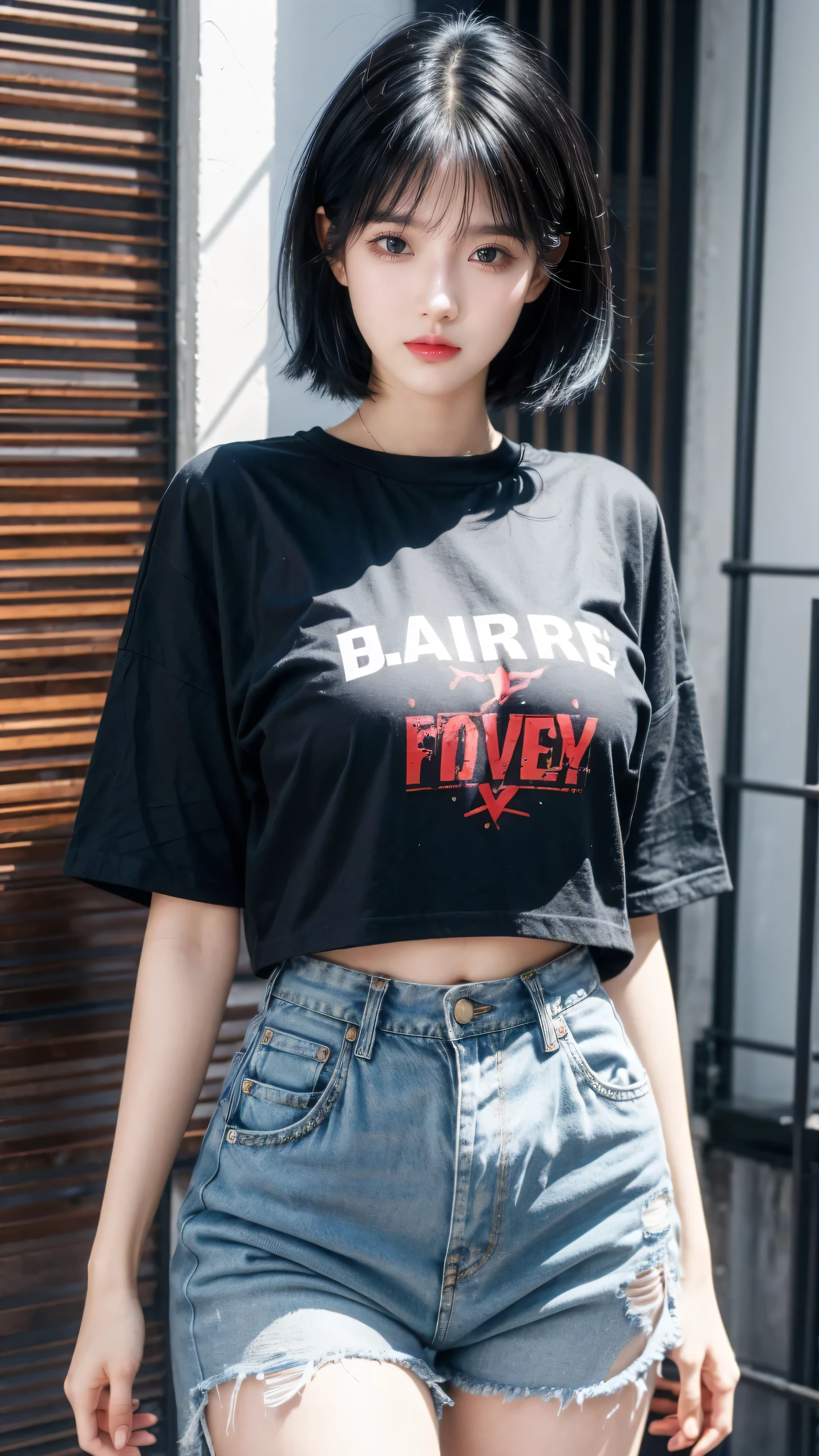 best quality, 1 Girl, dark blue hair, black eyes, Very short hair, Spiky hair, oversize t-shirt black, High waist short jeans, 171 cm, Messy hair, Hair between the eyes, Medium breasts, full, Tomboy, aldult, 20 years old, 1 Girl