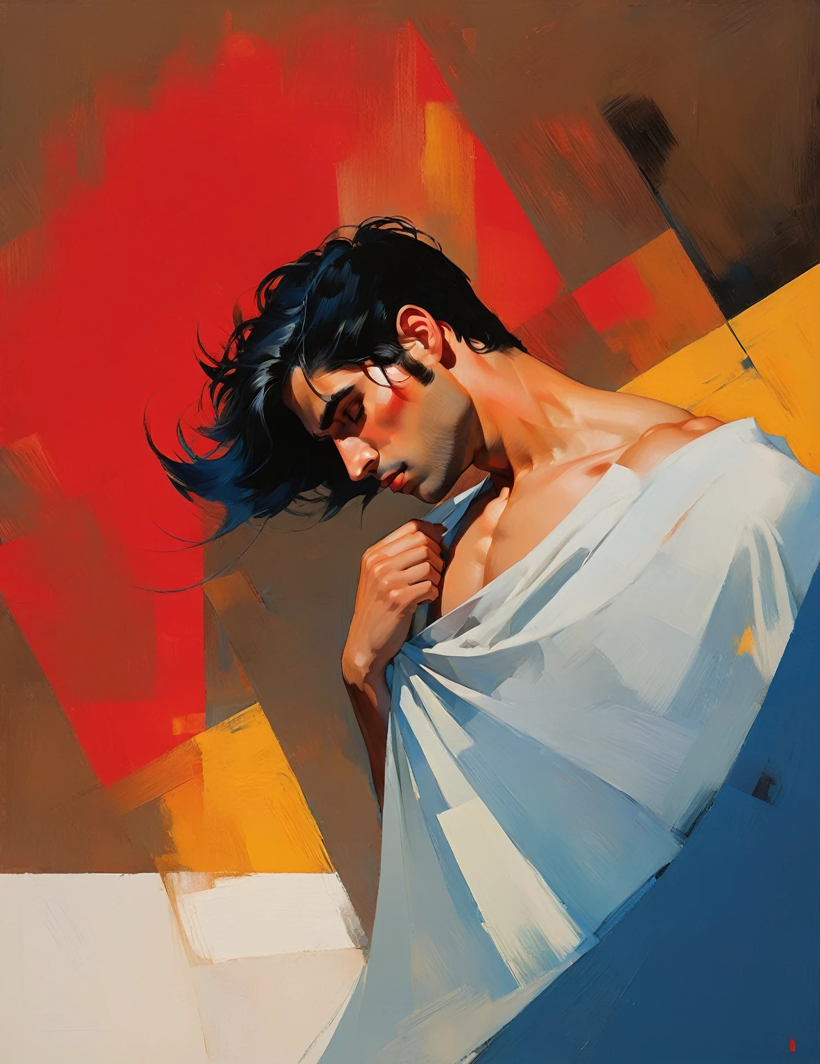 chiaroscuro technique on sensual illustration of an arafed man in white underwear, sexy masculine, diego fazio, male model, by Ludovit Fulla, model with attractive body, inspired by Ludovit Fulla, mid-shot of a hunky, the model draped in flowing, thick oil painting by Harumi Hironaka, extremely soft colors, vibrant, highly detailed, malcolm liepke painting, oil on canvas, high contrast, dramatic, refined, tonal, Create high contrast between light and shadow fire around, there is a red circle on a blue and red square, inspired by Bauhaus, in a shapes background, brown red blue, circle forms, red blue, by Leon Polk Smith, memphis abstract minimal art, graphic shapes, minimal art, blue and red, minimal art style, bauhaus art, inspired by El Lissitzky, bold simple shapes