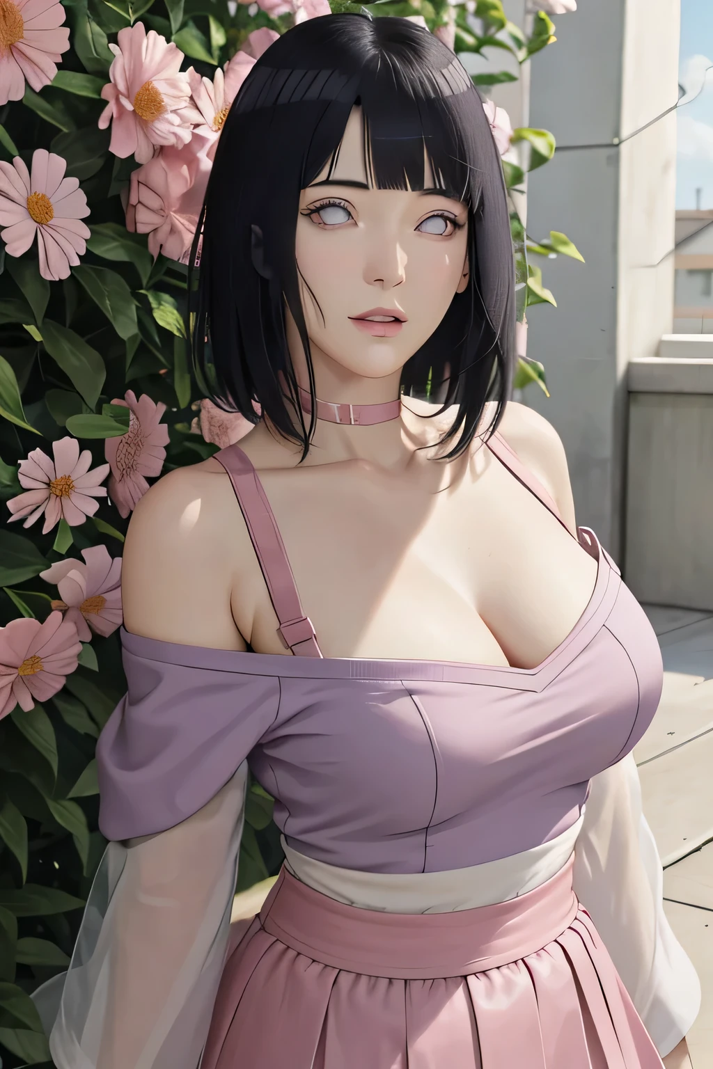 masterpiece, absurdres, hinata\(boruto\), 1girl, solo,mature female, off-shoulder strap bra, high waist short skirt, looking at viewer, (falling petals), perfect composition, detailed lips, big breast, beautiful face, body propotion, blush, (pink lips), long hair, purple eyes, soft gaze, super realistic, detailed, photoshoot, realistic face and body,