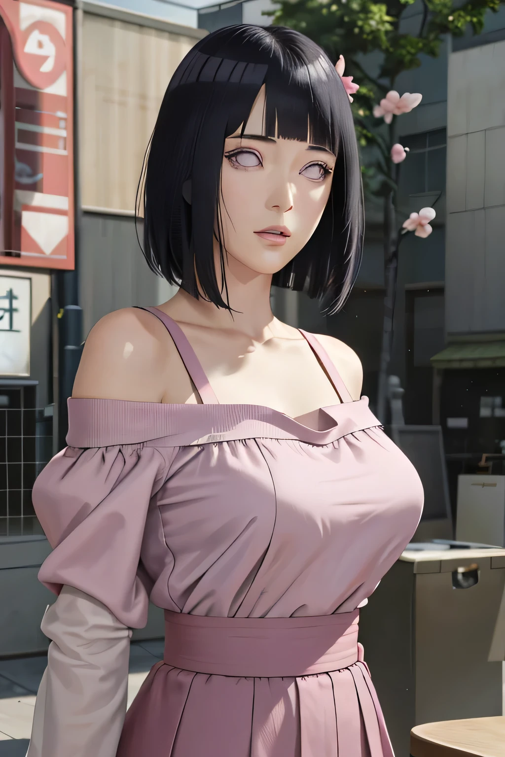 masterpiece, absurdres, hinata\(boruto\), 1girl, solo,mature female, off-shoulder strap bra, high waist short skirt, looking at viewer, (falling petals), perfect composition, detailed lips, big breast, beautiful face, body propotion, blush, (pink lips), long hair, purple eyes, soft gaze, super realistic, detailed, photoshoot, realistic face and body,