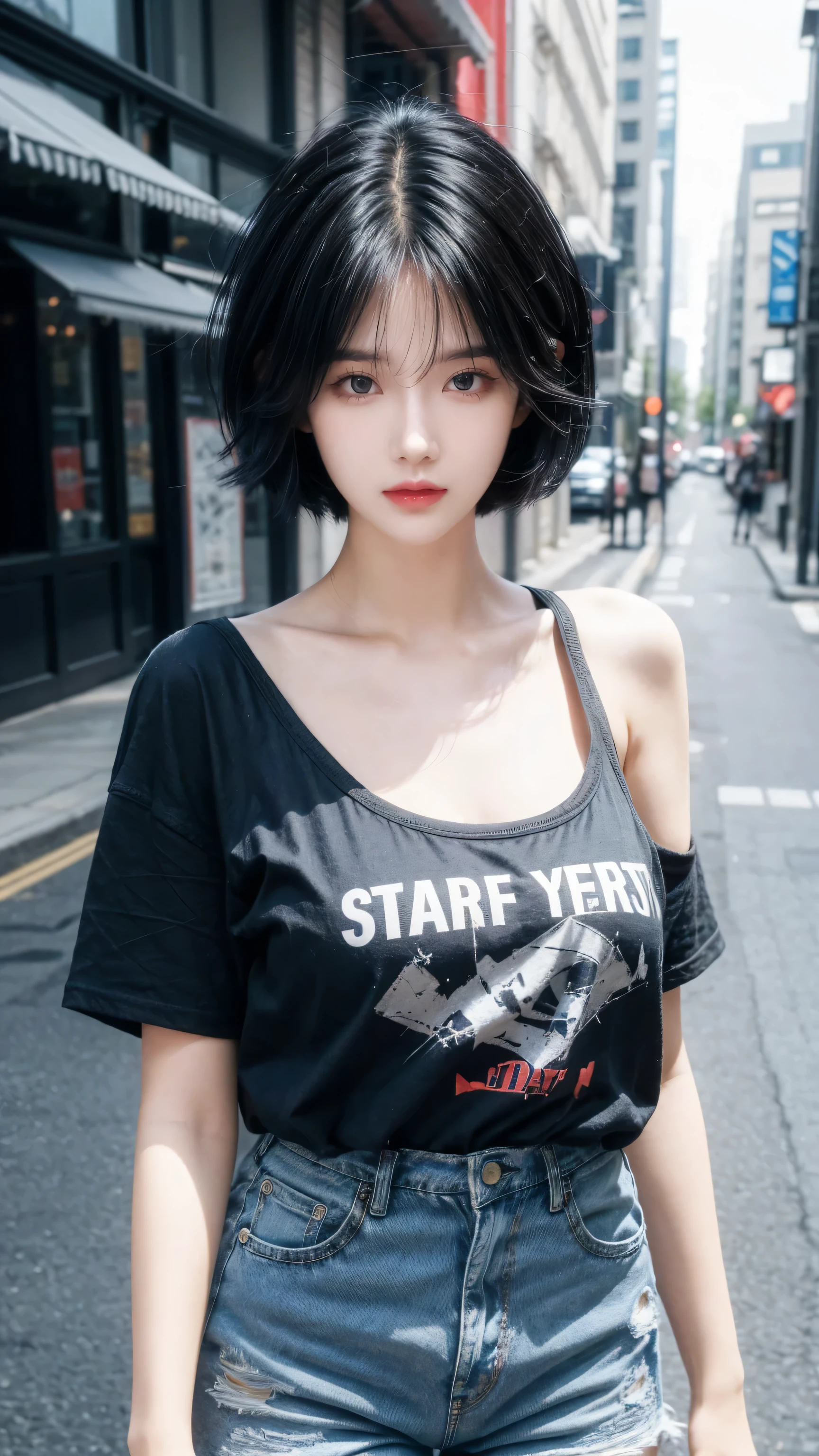 best quality, 1 Girl, dark blue hair, black eyes, Very short hair, Spiky hair, oversize t-shirt black, High waist short jeans, 171 cm, Messy hair, Hair between the eyes, Medium breasts, full, Tomboy, aldult, 20 years old, 1 Girl