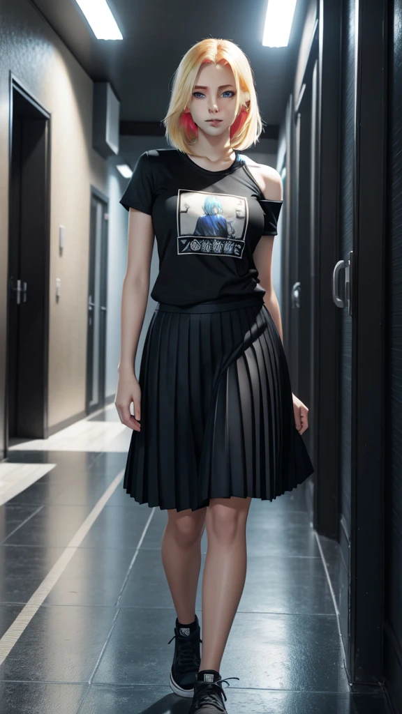 Create a photo realistic young woman with blonde hair (length until her shoulders), blue eyes and large . She wears a black anime shirt and pleated skirt, long hallway background