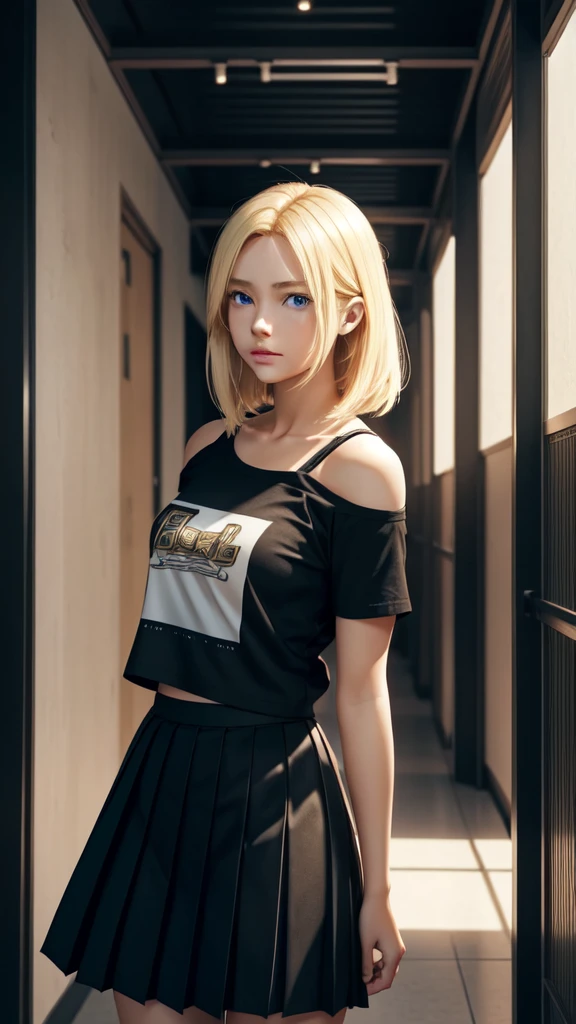 Create a photo realistic young woman with blonde hair (length until her shoulders), blue eyes and large . She wears a black anime shirt and pleated skirt, long hallway background 