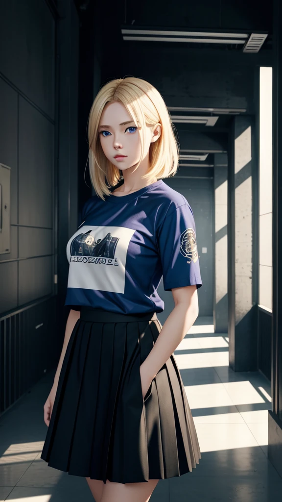 Create a photo realistic young woman with blonde hair (length until her shoulders), blue eyes and large . She wears a black anime shirt and pleated skirt, long hallway background 