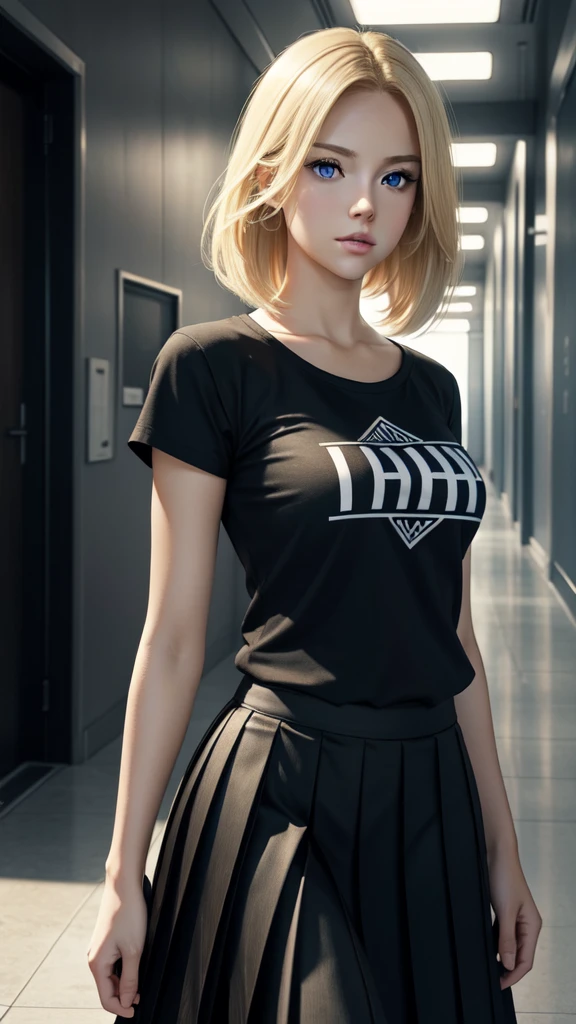 Create a photo realistic young woman with blonde hair (length until her shoulders), blue eyes and large . She wears a black anime shirt and pleated skirt, long hallway background, mid body