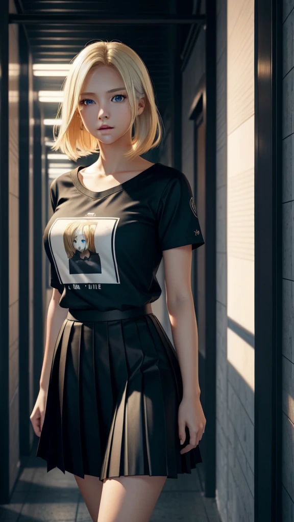 Create a photo realistic young woman with blonde hair (length until her shoulders), blue eyes and large . She wears a black anime shirt and pleated skirt, long hallway background, mid body