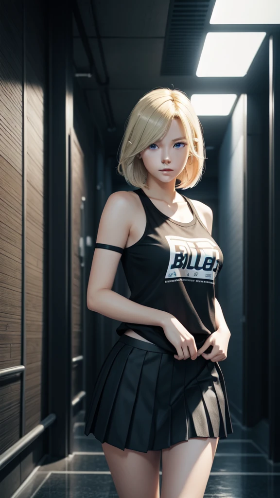 Create a photo realistic young woman with blonde hair (length until her shoulders), blue eyes and large . She wears a black anime shirt and pleated skirt, long hallway background, mid body 