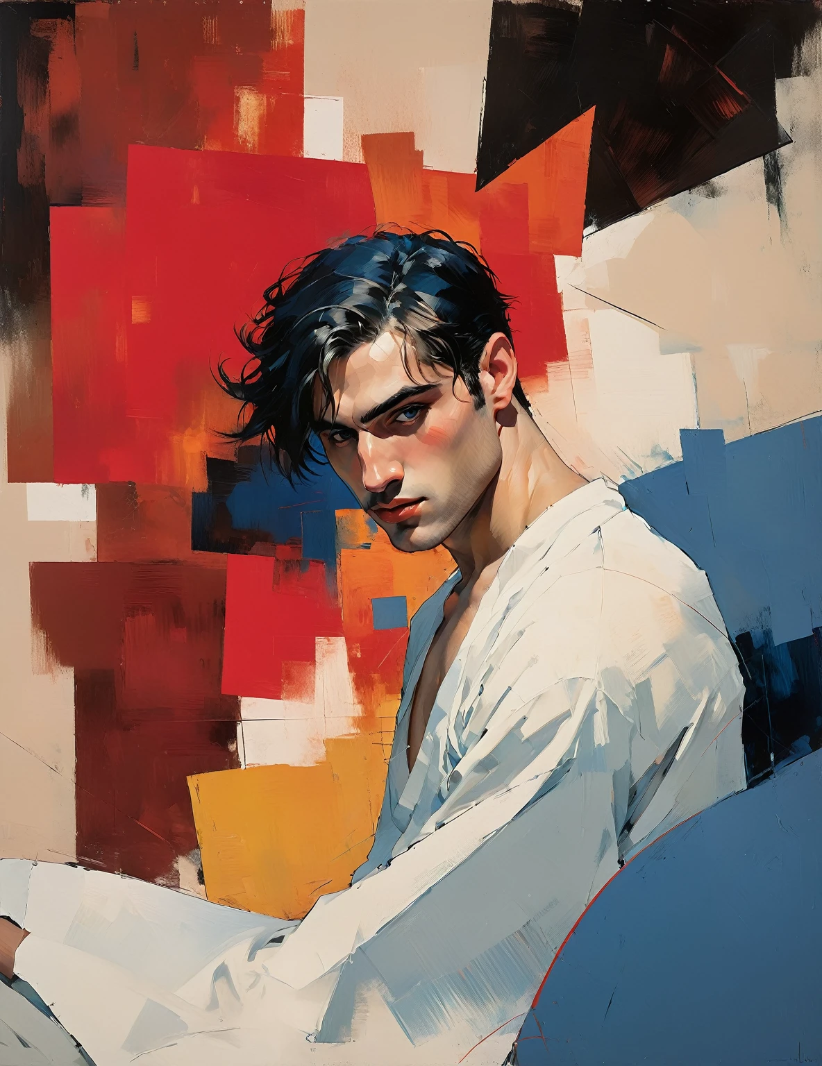 chiaroscuro technique on sensual illustration of an arafed man in white underwear, sexy masculine, diego fazio, male model, by Ludovit Fulla, model with attractive body, inspired by Ludovit Fulla, mid-shot of a hunky, the model draped in flowing, thick oil painting by Harumi Hironaka, extremely soft colors, vibrant, highly detailed, malcolm liepke painting, oil on canvas, high contrast, dramatic, refined, tonal, Create high contrast between light and shadow fire around, there is a red circle on a blue and red square, inspired by Bauhaus, in a shapes background, brown red blue, circle forms, red blue, by Leon Polk Smith, memphis abstract minimal art, graphic shapes, minimal art, blue and red, minimal art style, bauhaus art, inspired by El Lissitzky, bold simple shapes