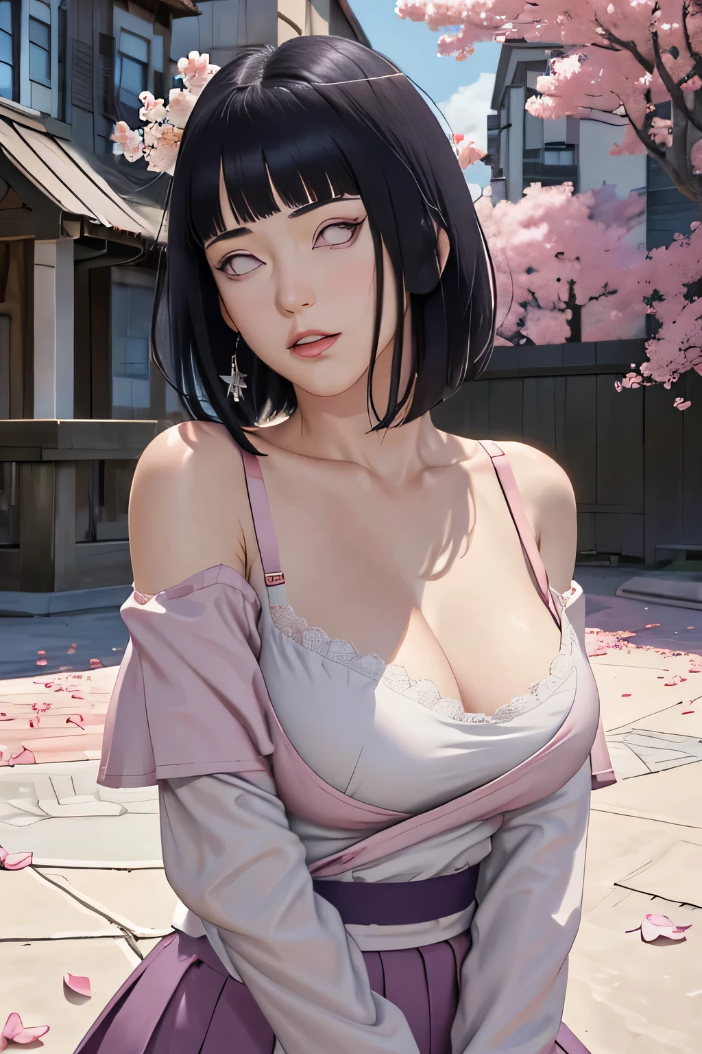 masterpiece, absurdres, hinata\(boruto\), 1girl, solo,mature female, off-shoulder strap bra, high waist short skirt, looking at viewer, (falling petals), perfect composition, detailed lips, big breast, beautiful face, body propotion, blush, (pink lips), long hair,  purple eyes,  soft gaze,  super realistic, detailed, photoshoot, realistic face and body,