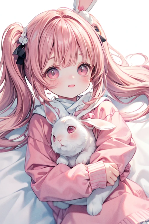 masterpiece, 最high quality, high quality, Super detailed, close,  Pastel pink twin tails, Pale pink streaks, holding a stuffed Lovely rabbit, smile, cute, Pink Theme, Lovely, Lolita Fashion, (((White Background))), (((No background)))Lying in bed,Peaceful sleeping face,