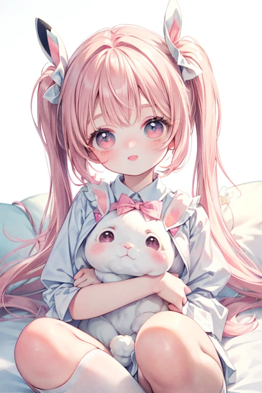 masterpiece, 最high quality, high quality, Super detailed, close,  Pastel pink twin tails, Pale pink streaks, holding a stuffed Lovely rabbit, smile, cute, Pink Theme, Lovely, ****ta Fashion, (((White Background))), (((No background)))Lying in bed,Peaceful sleeping face,