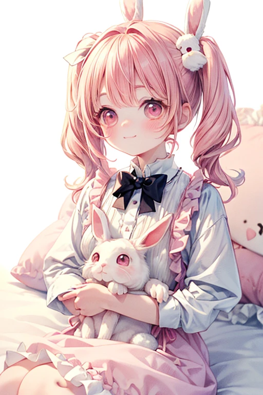 masterpiece, 最high quality, high quality, Super detailed, close, Pastel pink twin tails, Pale pink streaks, holding a stuffed Lovely rabbit, smile, cute, Pink Theme, Lovely, Fashion, (((White Background))), (((No background)))Lying in bed,Peaceful sleeping face,