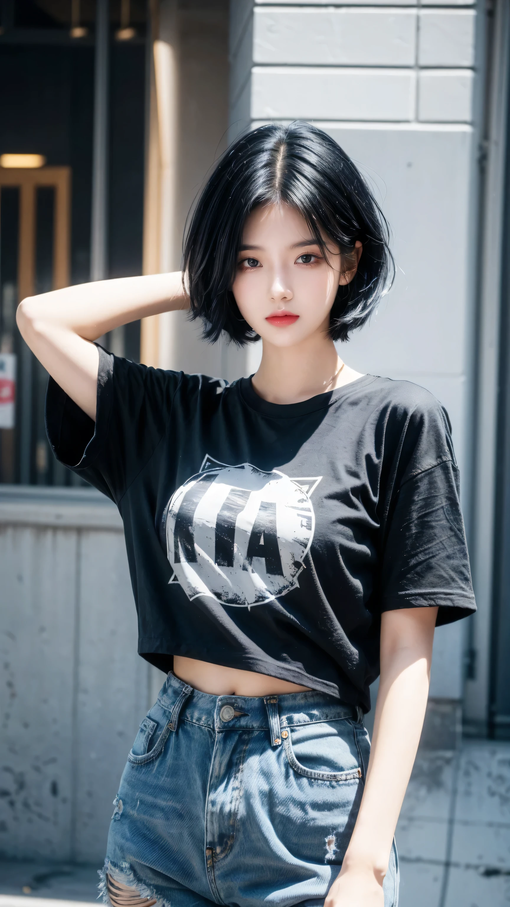 best quality, 1 Girl, dark blue hair, black eyes, Very short hair, Spiky hair, oversize t-shirt pinky, High waist short jeans, 171 cm, Messy hair, Hair between the eyes, Medium breasts, full, Tomboy, aldult, 20 years old, 1 Girl