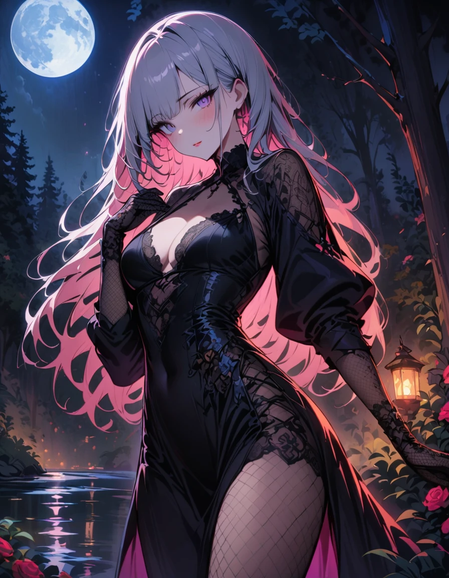 ((SFW)), (masterpiece, best quality, highres), night, full moon, 1 adult female, solo, nighttime, forest, standing near the lake, ((black lingerie)), long silver hair, pale pink lips, Fishnet tights, blush, three bangs, lace gloves, grey eyes, facial details, beautiful eyes, eyes full of details),