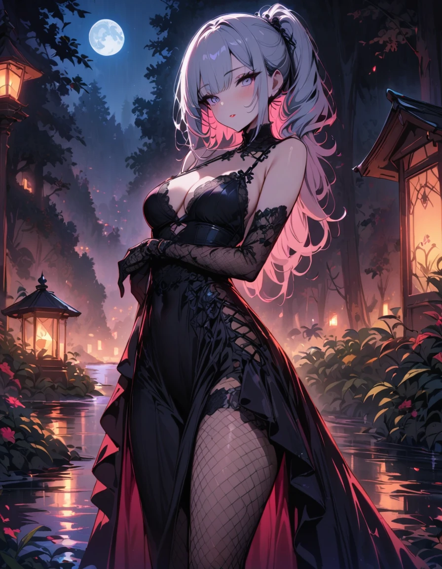 ((SFW)), (masterpiece, best quality, highres), night, full moon, 1 adult female, solo, nighttime, forest, standing near the lake, ((black lingerie)), long silver hair, pale pink lips, Fishnet tights, blush, three bangs, lace gloves, grey eyes, facial details, beautiful eyes, eyes full of details),