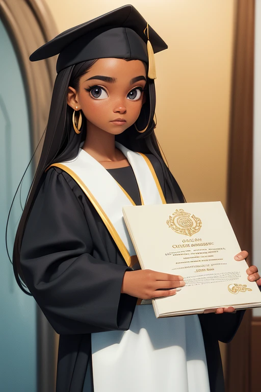 uma de , cabelo curto medio dividido ao meio de cor castanho escuro, olhos puxados de cor preta, wearing a graduation gown and a graduation cap, com diploma, no estilo cartoon