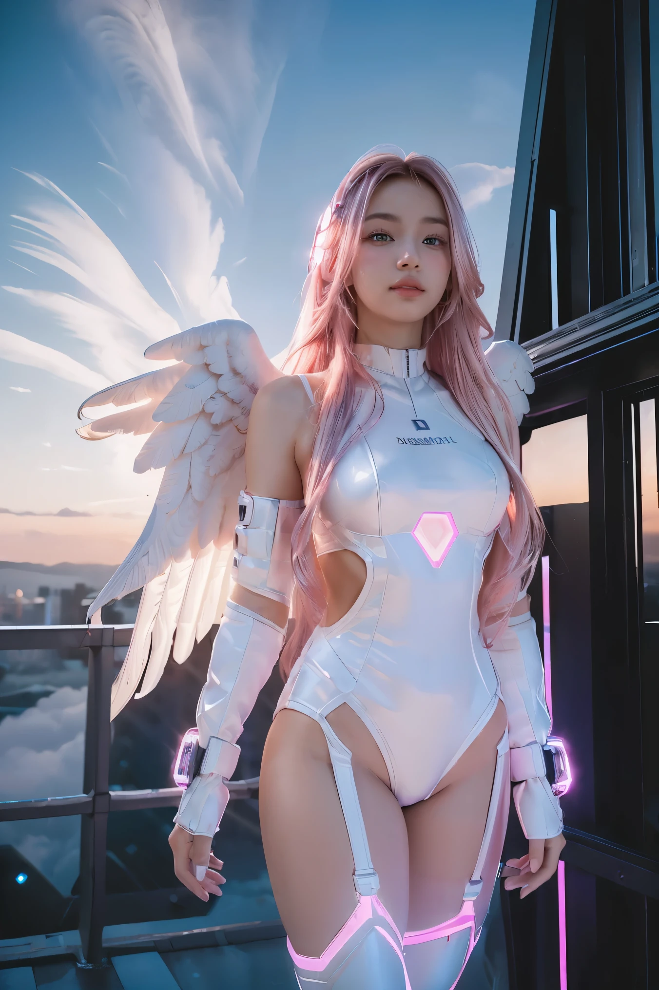 ((masterpiece, best quality, extremely detailed), volumetric lighting, ambient occlusion, colorful, glowing), 
1girl, solo, young girl, (pink hair), long hair, halo, aura, sacred, godness, cyber suit, (white outfit:1.3), android, bot, angel wings,
outdoors, sunset, sky, clouds, space, (cyberpunk theme:1.2),