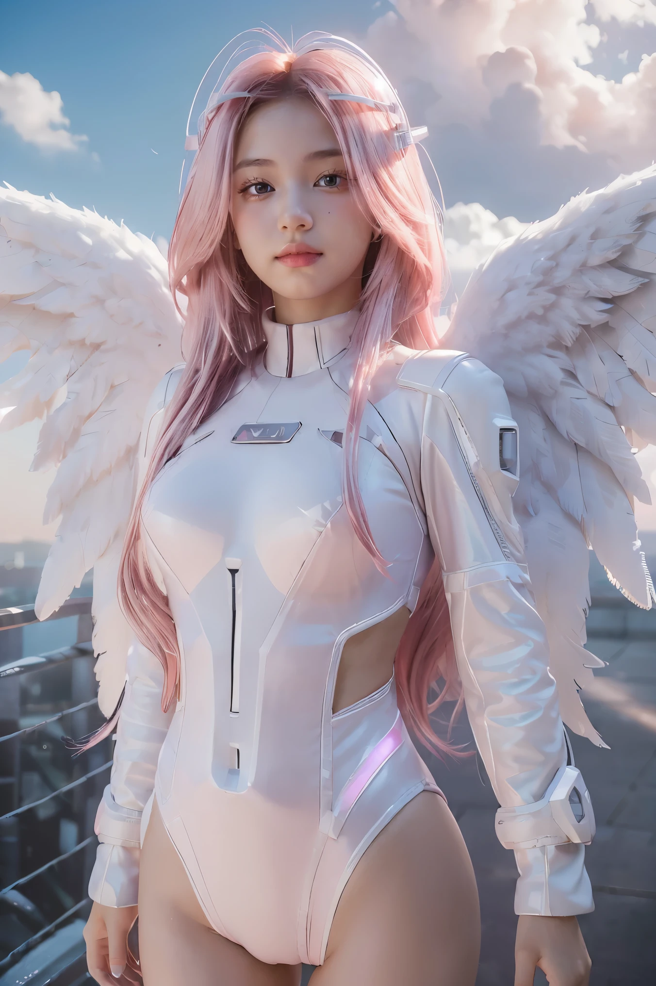 ((masterpiece, best quality, extremely detailed), volumetric lighting, ambient occlusion, colorful, glowing), 
1girl, solo, young girl, (pink hair), long hair, halo, aura, sacred, godness, cyber suit, (white outfit:1.3), android, bot, angel wings,
outdoors, sunset, sky, clouds, space, (cyberpunk theme:1.2),