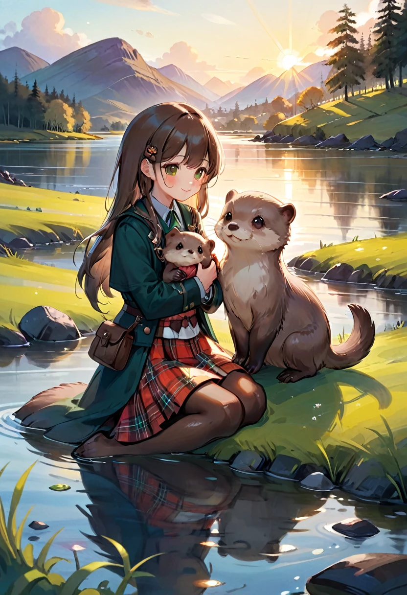 An Otter, Imagine a charming scene featuring a baby otter and a baby girl otter, both wearing Scottish plaid. The baby otter is adorned in a small, traditional kilt with a tartan pattern, matching a tiny sash draped over the baby girl otter's shoulder, which complements her cute, fluffy appearance. They are sitting together on a lush, green meadow by a serene riverbank, surrounded by Scotland's picturesque landscape. The sun is setting, casting a golden glow over the scene, highlighting the vibrant colors of their plaid and the natural beauty around them. This image captures a moment of pure innocence and joy, as the otters play and explore their surroundings, embodying the spirit of Scottish heritage with a whimsical twist.