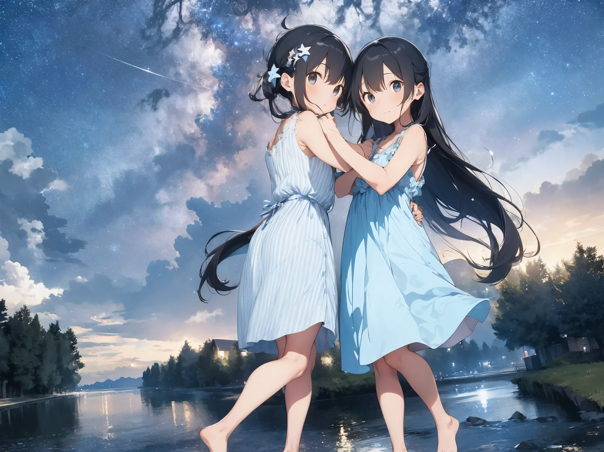 Starry Sky、Girl with long black hair、Light blue and white striped dress、Bare feet and sandals、sisters apart in age、hug、Standing posture