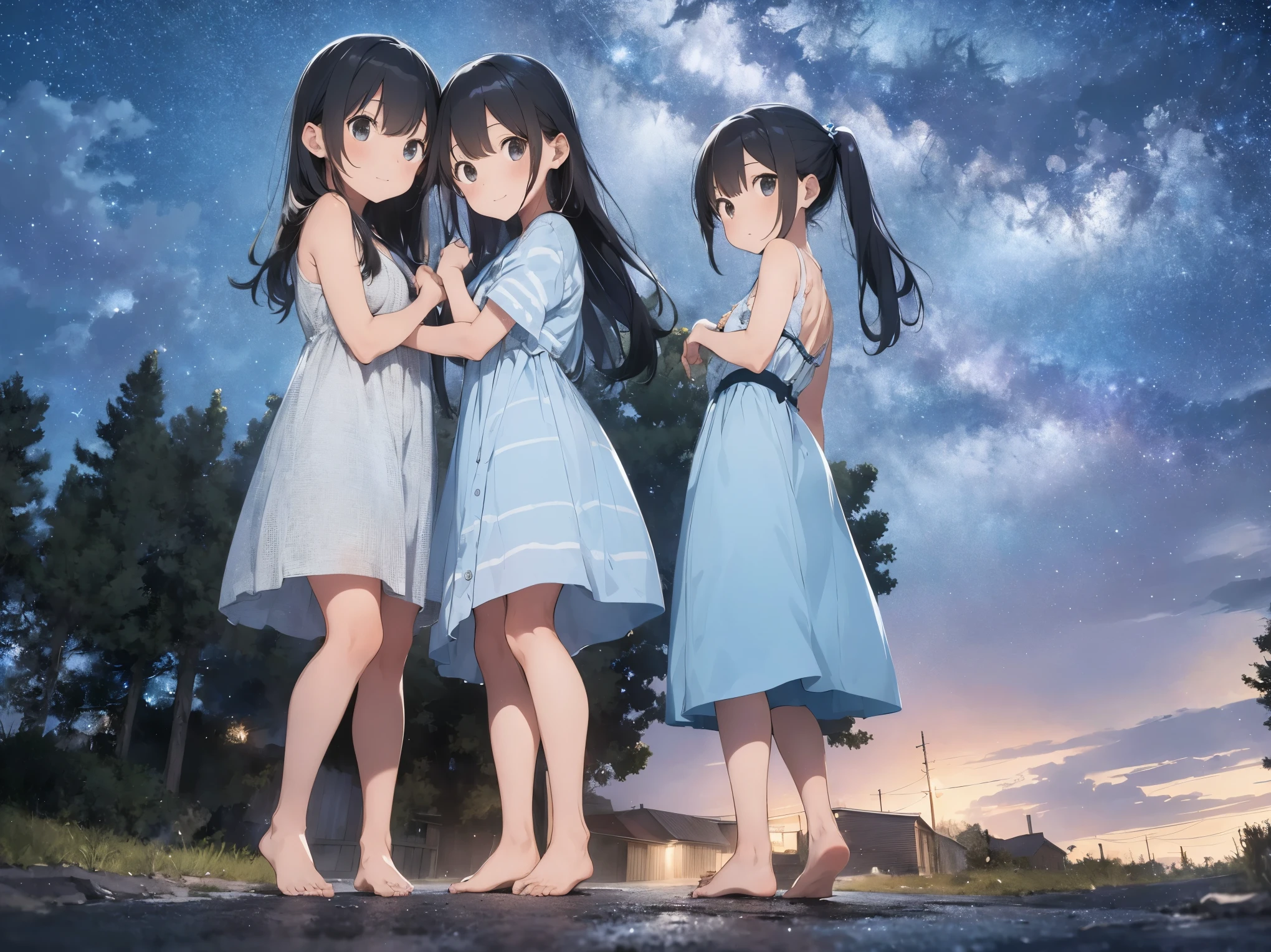 Starry Sky、Girl with long black hair、Light blue and white striped dress、Bare feet and sandals、sisters apart in age、hug、Standing posture