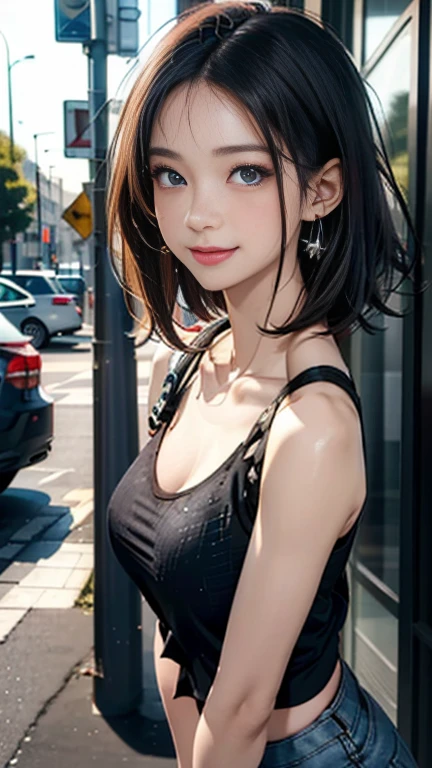(((UHD)), ((highest quality)), ((masterpiece)), (Very detailed), (High resolution), (Beautiful detailed sparkle), (High detail), (Anatomically correct)), ((Realistic)), 8k, 1080P, 

(((One Woman))), 
(Symmetrical facial features:1.4, Perfect Face), Beautiful clavicle, (Beautiful fingers), (((Beautiful breasts, Slightly smaller chest))), 
Beautiful body, Beautiful thighs, Beautiful feet, Perfect round butt, (((Detailed skin, Textured skin, Beautiful white skin:1.4))), 

(Baby Face, cute, 18-year-old), 
(Expression of fine eyes, Beautiful and delicate eyes, Sparkling eyes, twinkle in the eyes, blue eyes), 
(Beautiful Nose,Thin Nose), 
(Smaller mouth, Glossy Lips, Beautiful Lips, thick lips), 

(Beautiful Hair, Shiny Hair, Shiny Hair), Hair fluttering, (((Black Hair, Forehead, short hair))), 

(Black tank top:1.4)、(Denim skinny pants), sneakers, Earrings、Silver Necklace、
BREAK 

(Enchanting、smile、Embarrassed expression、Blushing), 
(Character Focus, Upper Body, turn around),  

BREAK 
((noon、Sunlit street corner)), 

