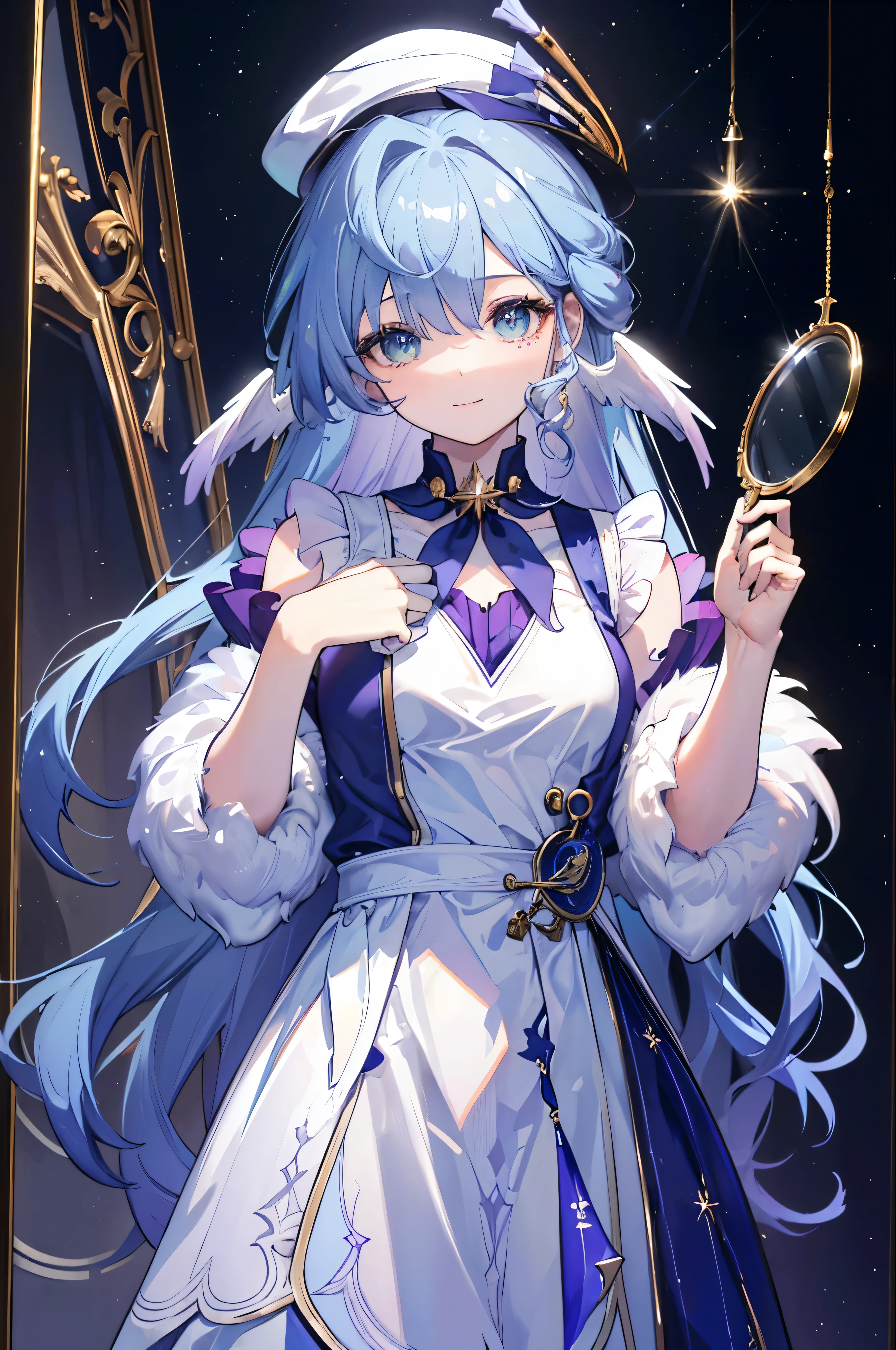 (masterpiece, top quality, best quality, official art, beautiful and aesthetic:1.2),(8k, best quality, masterpiece:1.2), (((masterpiece))),(((best quality))),(((extremely detailed))),illustration,who, sherlock holmes costume, detective costume, hat, (masterpiece, top quality, best quality, official art, beautiful and aesthetic:1.2),(8k, best quality, masterpiece:1.2), looking at viewer, aroused, smile, hands up, Detective girl, vest and white dress, magnifier, night background with star
