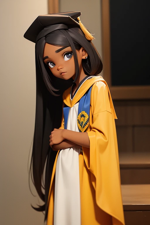 uma de 17 anos, cabelo curto dividido ao meio de cor castanho escuro, olhos puxados de cor preta, boca carnuda, wearing a graduation gown and a graduation cap, no estilo cartoon