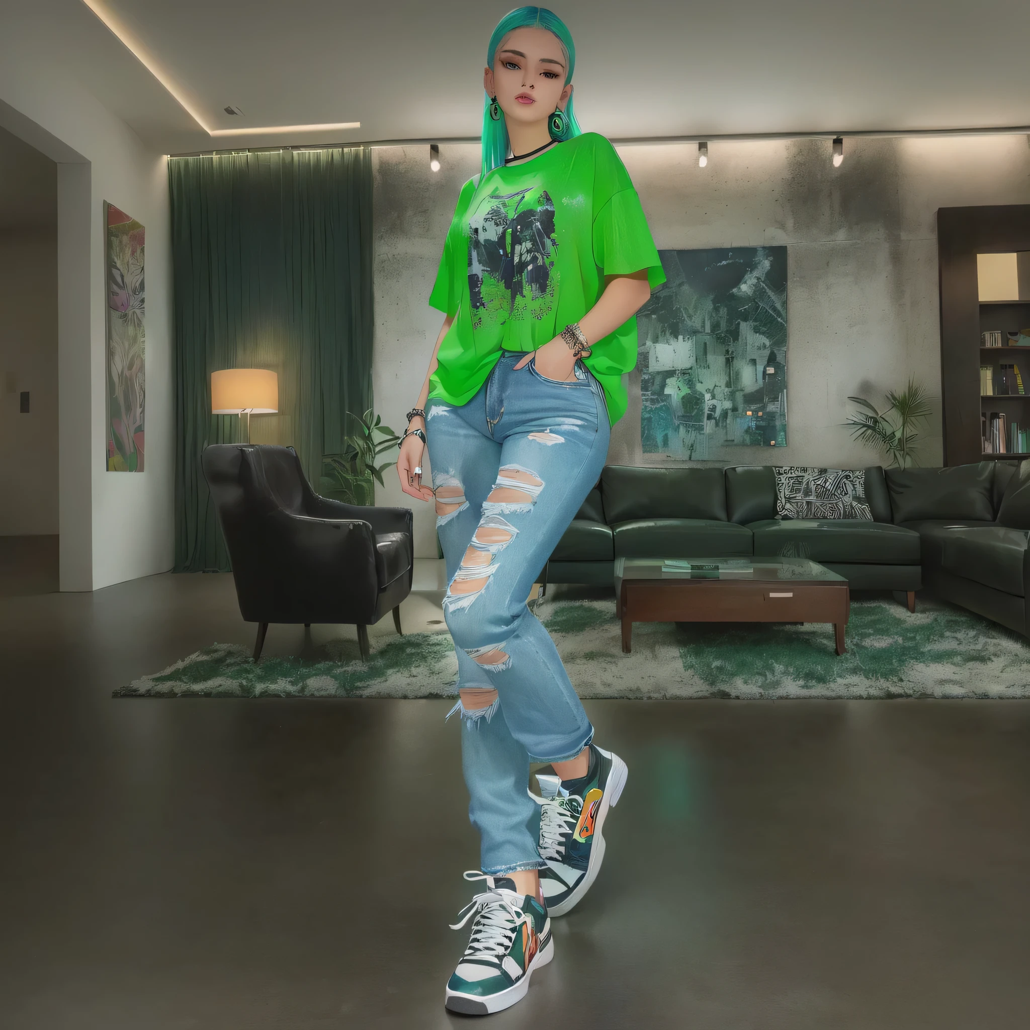 Araffe wearing a green shirt and jeans standing in a living room, she is wearing streetwear, mulher em streetwear, sapatos jeans e multicoloridos, roupa estilo cyberpunk, jeans e camiseta, vestindo roupas cyberpunk, foto de corpo inteiro, ensaio de moda 8k, roupa de moda moderna, Estilo legal, Jeans rasgado, roupas no estilo de 1 9 9 0, neon style