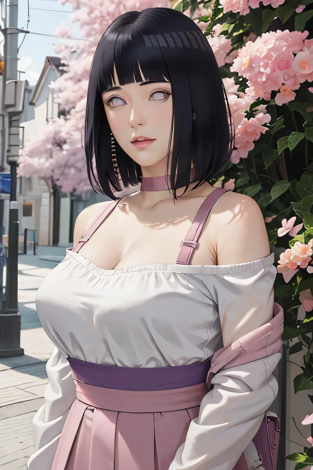 masterpiece, absurdres, hinata\(boruto\), 1girl, solo,mature female, off-shoulder strap bra, high waist short skirt, looking at viewer, (falling petals), perfect composition, detailed lips, big breast, beautiful face, body propotion, blush, (pink lips), long hair, purple eyes, soft gaze, super realistic, detailed, photoshoot, realistic face and body,