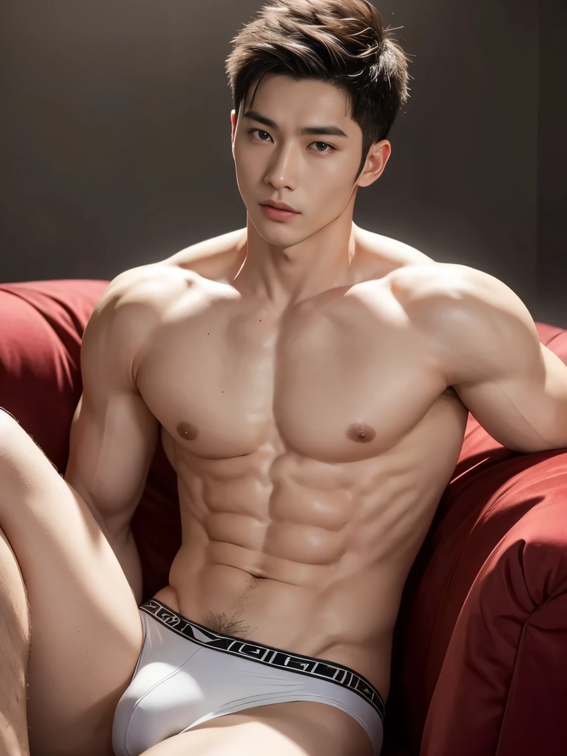 Chinese male actor in a briefs, handsome Chinese guy, handsome man, Full Body Shoot, photoshoot, portrait, studio lighting, look at camera, detailed facial parts, Manly, Charmer, Active Boy, sitting on sofa, opened leg, anguished expression, perfect anatomy, symmetric body, asian boy 30years old, shirtless :: high detail, asian, a little six packs attractive body, realistic, human skin, Short Hairstyle, handsome chad chin, shirtless, handsome, attractive, slightly muscular man, masculine, sexually attractive, human skin, (eyes contact), Handsome, Attractive, bulge in briefs