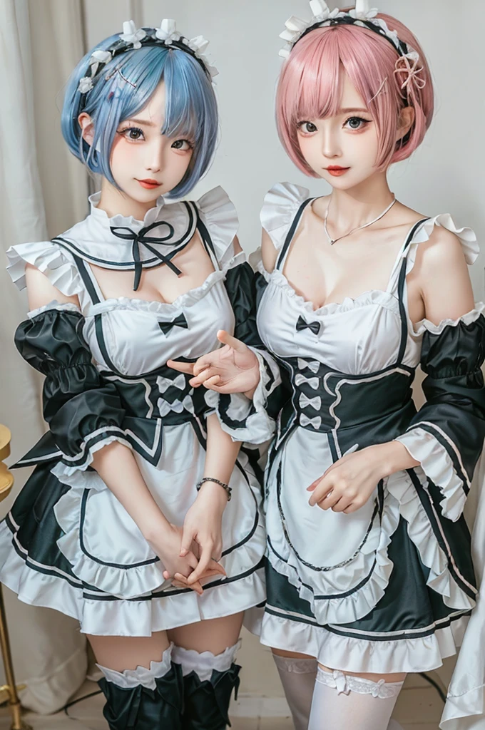 Accurate depiction with high resolution,(8K, Photorealistic, Raw photo, of the highest quality: 1.3), (1girl in), Super beautiful, (Realistic face), (boyish, pink Color Berry Shorthair), Beautiful , Glare that captivates the viewer, Beautiful expression, Beautiful breasts, (Realistic skin), Be...Create a detailed and colorful image of Ram and Rem from Re:Zero, standing back-to-back in their maid outfits, with a magical fantasy background、14years old, two girls,cute, perfect face, beautiful, nice body, gothic lolita clothes, gothic lolita fashion, frilly skirt, headdress, necklace, bracelet, knee-high socks, boots, double eyelids, tear bags, Detailed down to the fingers, photo-like description, indoors, dim indoor lighting, one girl is pink hair and short bob, another girl is light blue hair and short bob,standing,whole body, composition that shows the whole body, smiling,The Both of them are wearing the same type of maid outfit,Optimal ratio of 4 fingers and 1 thumb