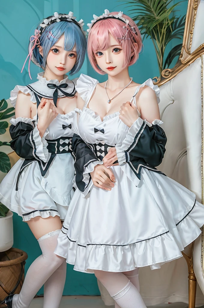 Accurate depiction with high resolution,(8K, Photorealistic, Raw photo, of the highest quality: 1.3), (1girl in), Super beautiful, (Realistic face), (boyish, pink Color Berry Shorthair), Beautiful , Glare that captivates the viewer, Beautiful expression, Beautiful breasts, (Realistic skin), Be...Create a detailed and colorful image of Ram and Rem from Re:Zero, standing back-to-back in their maid outfits, with a magical fantasy background、14years old, two girls,cute, perfect face, beautiful, nice body, gothic lolita clothes, gothic lolita fashion, frilly skirt, headdress, necklace, bracelet, knee-high socks, boots, double eyelids, tear bags, Detailed down to the fingers, photo-like description, indoors, dim indoor lighting, one girl is pink hair and short bob, another girl is light blue hair and short bob,standing,whole body, composition that shows the whole body, smiling,The Both of them are wearing the same type of maid outfit,Optimal ratio of 4 fingers and 1 thumb