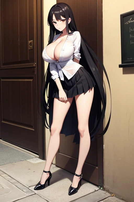 Italian girl, very long loose black hair, super mega gigantic breasts, torn white shirt, pleated black miniskirt, elegant shoes, slave's pussy, breasts tied together