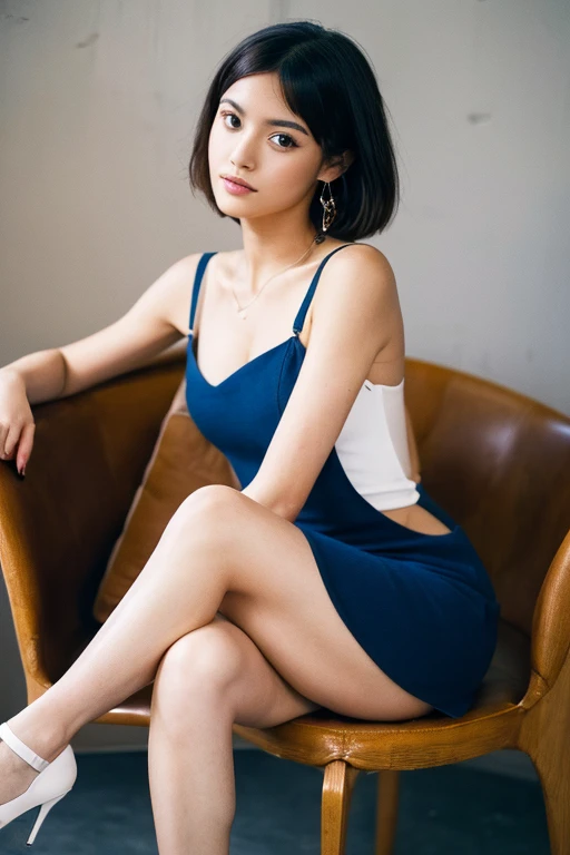A woman in a camisole sits on a chair and crosses her legs