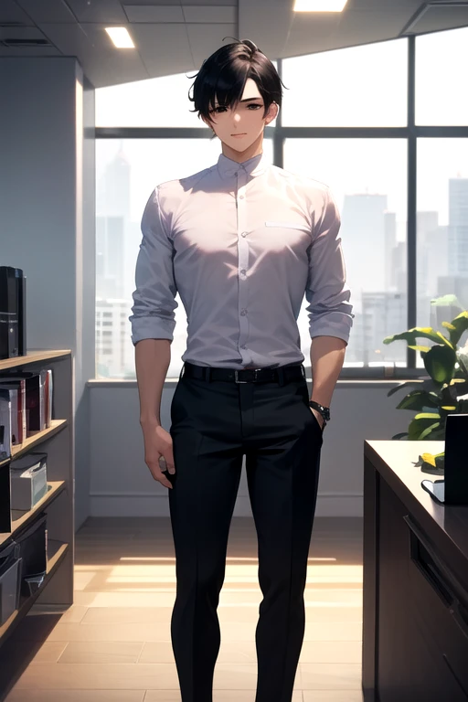 A young working man. He has a handsome face and neatly arranged hair. Black hair, white skin and natural black eyes. He is approximately 180 cm tall and has a standard build. He's in his office.