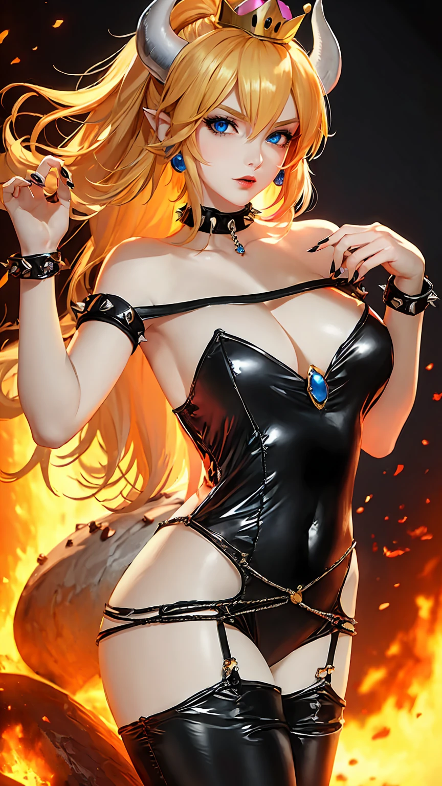 ((high detailed, best quality, 4k, masterpiece, hd:1.3)), ((best quality)), (((HD))), (((8k))), (ultraDH), (ultra HD), Princess Daisy, blue eyes, BREAK blue eyes, seductive, attractive, smooth anime cg art, 36C breasts, long legs, vivid colors, detailed digital art, slim body, perfect skin, dark blonde hair, long hair, blonde hair, blonde hair, BREAK crown, cleavage, 36C cleavage, looking at viewer, BREAK looking at viewer, extremely detailed face, red santa suit, red santa claus suit, santa claus suit, earrings, gem, dark black makeup lips, dark gothic eyeshadows, dark eyeshadows, black eyeshadows, black sexy lips, black lips, (dark:1.2), dark lips, very dark lips, (perfect hands, perfect anatomy), black makeup, black medium lips, black thick lips, detailed fingers, five fingers per hand, 5 fingers, (1 girl), detailed lips, detailed black lips, black painted lips, gothic painted lips, BREAK night, night sky, (breast focus), (arms outstreched:1.2), (from above:1.1), (breasts out:1.3), (off shoulder:1.1), (white horns), (lingerie), inside a lava castle, she inside a sea of lava, she bathing in lava, full body, perfect long legs, perfect foots, legs and foots into the lava,