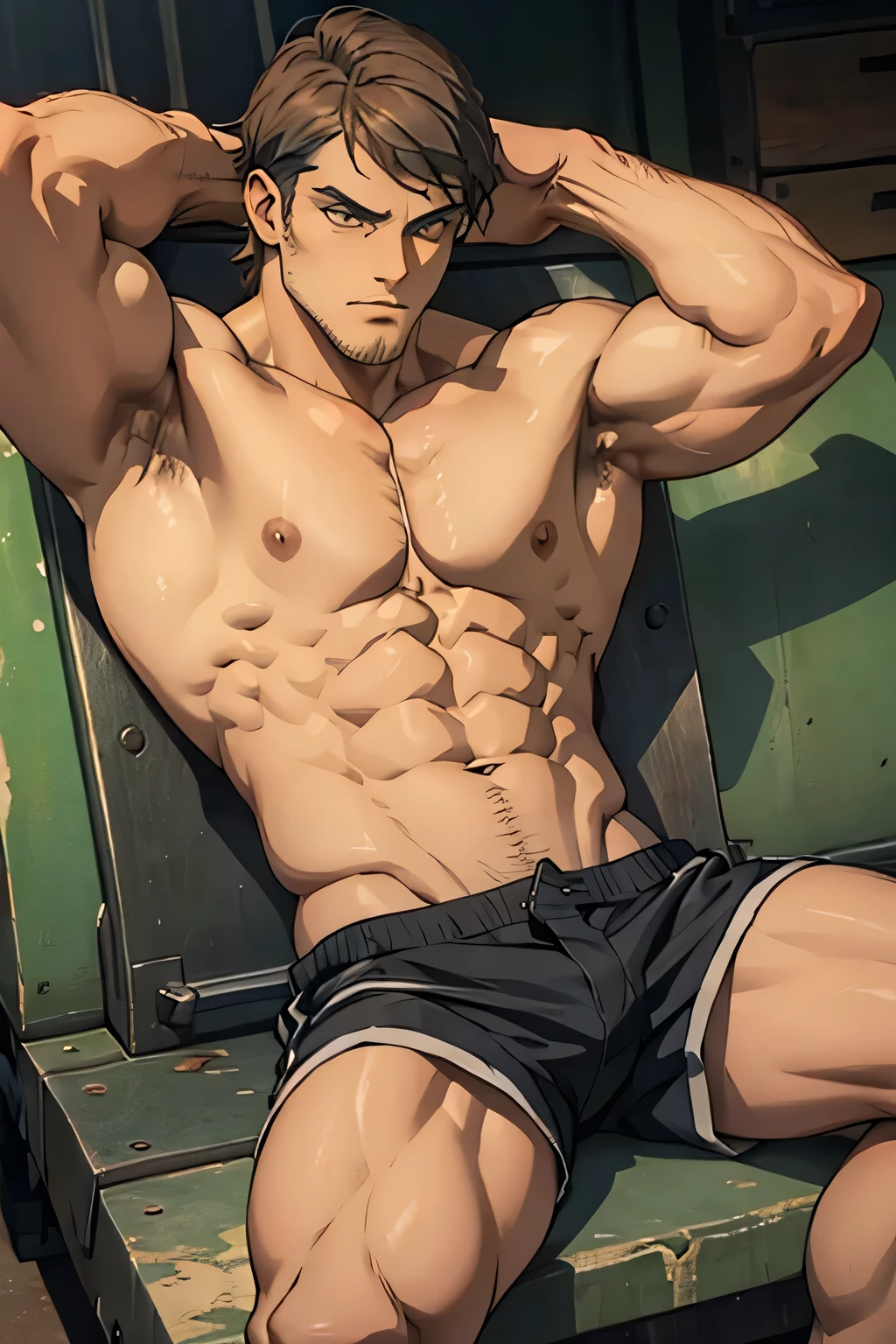 Jean Kirschstein is sitting and flexing his biceps in black boxershorts. He is shirtless.