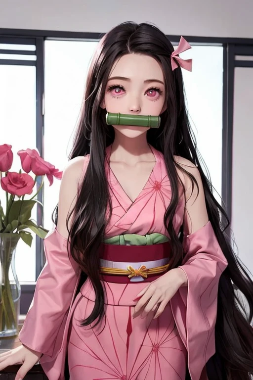 One girl, bamboo, bit gag, Black Hair, Checkerboard, Checkerboard heart, clavicle, amount, gag, gagged, Gradient Hair, hair ribbon, Haori, kimono, Kamado Nezuko, kimono, Long Hair, View your viewers, Hold your mouth, multicoloRedhead, heart, Open clothes, Pink Eyes, pink kimono, pink ribbon, Redhead, ribbon, sash, alone, very Long Hair