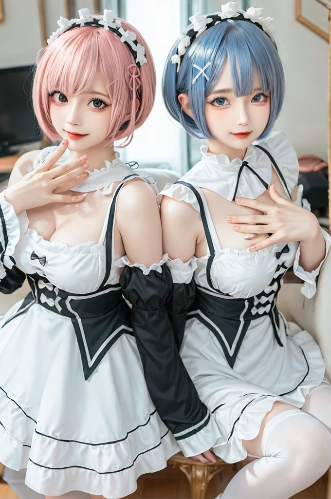 Accurate depiction with high resolution,(8K, Photorealistic, Raw photo, of the highest quality: 1.3), (1girl in), Super beautiful, (Realistic face), (boyish, pink Color Berry Shorthair), Beautiful , Glare that captivates the viewer, Beautiful expression, Beautiful breasts, (Realistic skin), Be...Create a detailed and colorful image of Ram and Rem from Re:Zero, standing back-to-back in their maid outfits, with a magical fantasy background、14years old, two girls,cute, perfect face, beautiful, nice body, gothic lolita clothes, gothic lolita fashion, frilly skirt, headdress, necklace, bracelet, knee-high socks, boots, double eyelids, tear bags, Detailed down to the fingers, photo-like description, indoors, dim indoor lighting, one girl is pink hair and short bob, another girl is light blue hair and short bob,standing,whole body, composition that shows the whole body, smiling,The Both of them are wearing the same type of maid outfit,Optimal ratio of 4 fingers and 1 thumb
