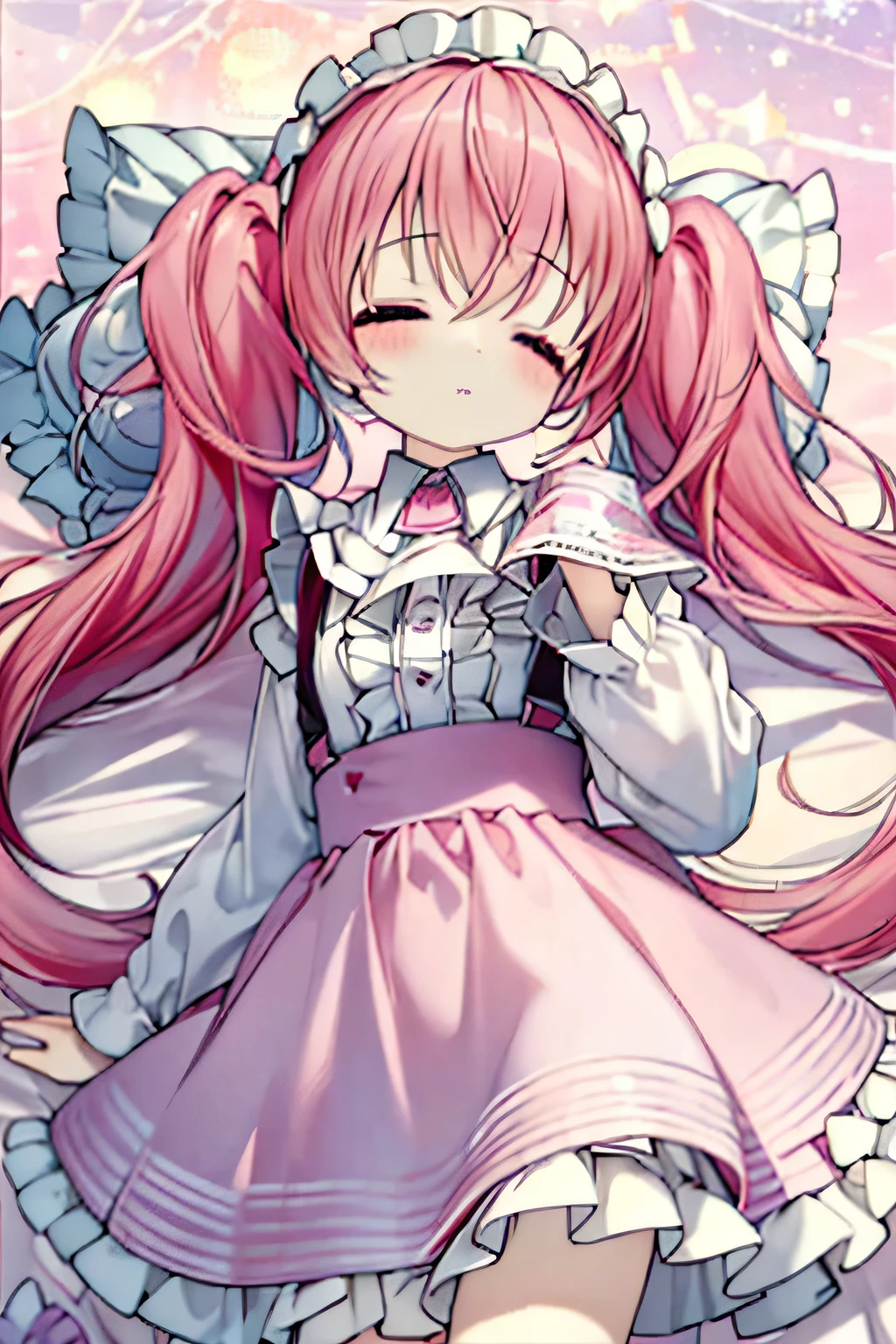 masterpiece, 最high quality, high quality, Super detailed, close, Pastel pink twin tails, Pale pink streaks, , smile, cute, Pink Theme, Lovely, ****ta Fashion, (((Starry sky background))), (((No background)))Lying in bed,Sleeping peacefully,Are sleeping,