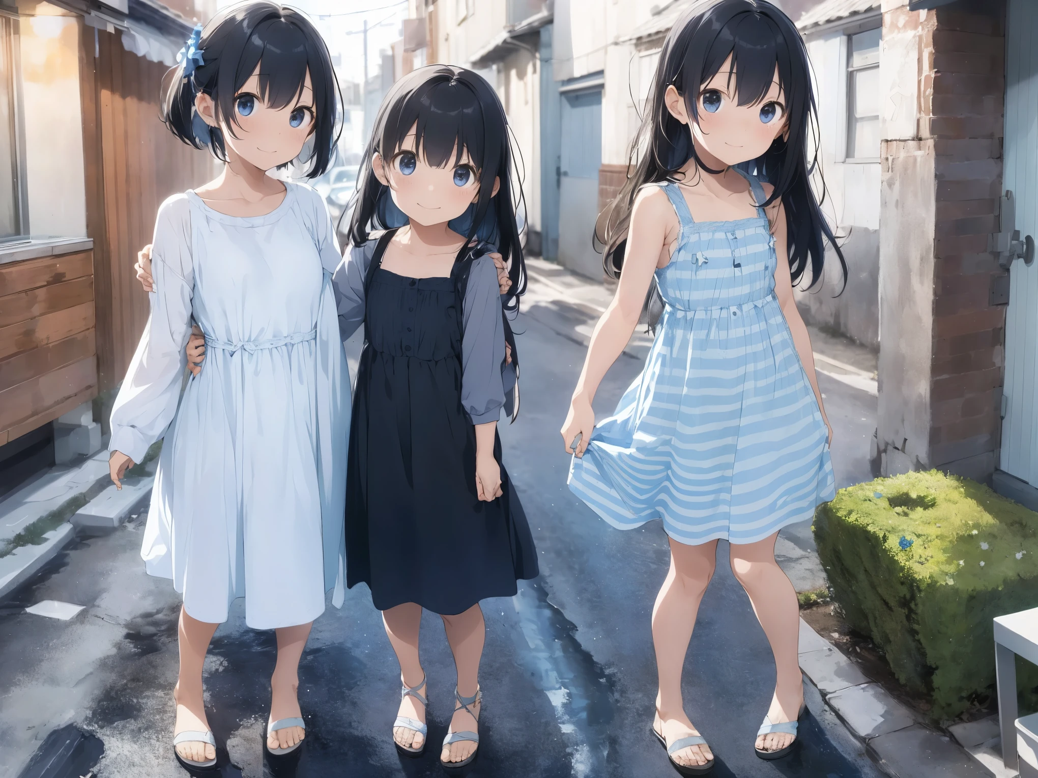 Starry Sky、Girl with long black hair、Light blue and white striped dress、Bare feet and sandals、sisters apart in age、hug、Standing posture、****ergarteners