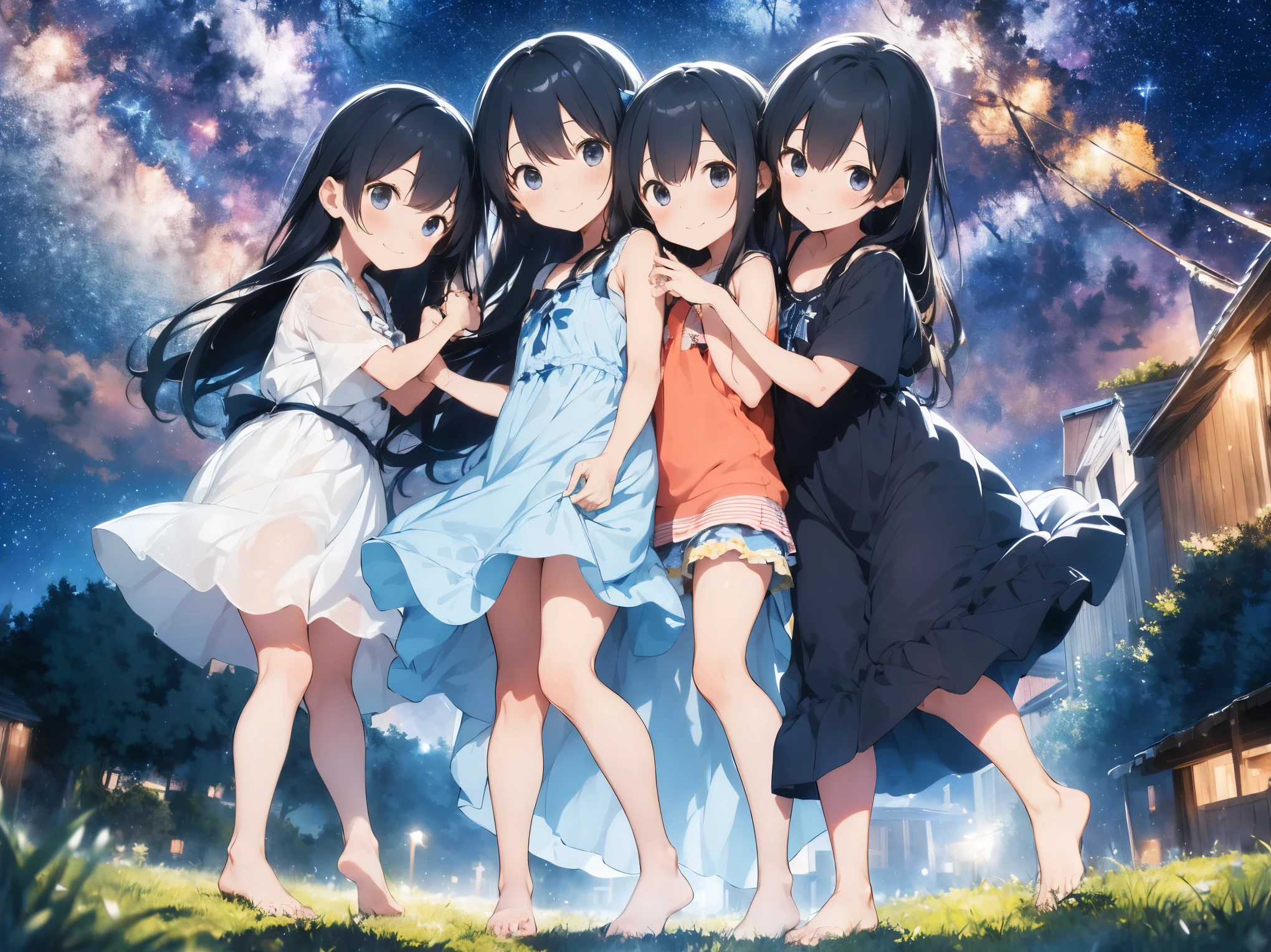 Starry Sky、Girl with long black hair、Light blue and white striped dress、Bare feet and sandals、sisters apart in age、hug、Standing posture、ergarteners