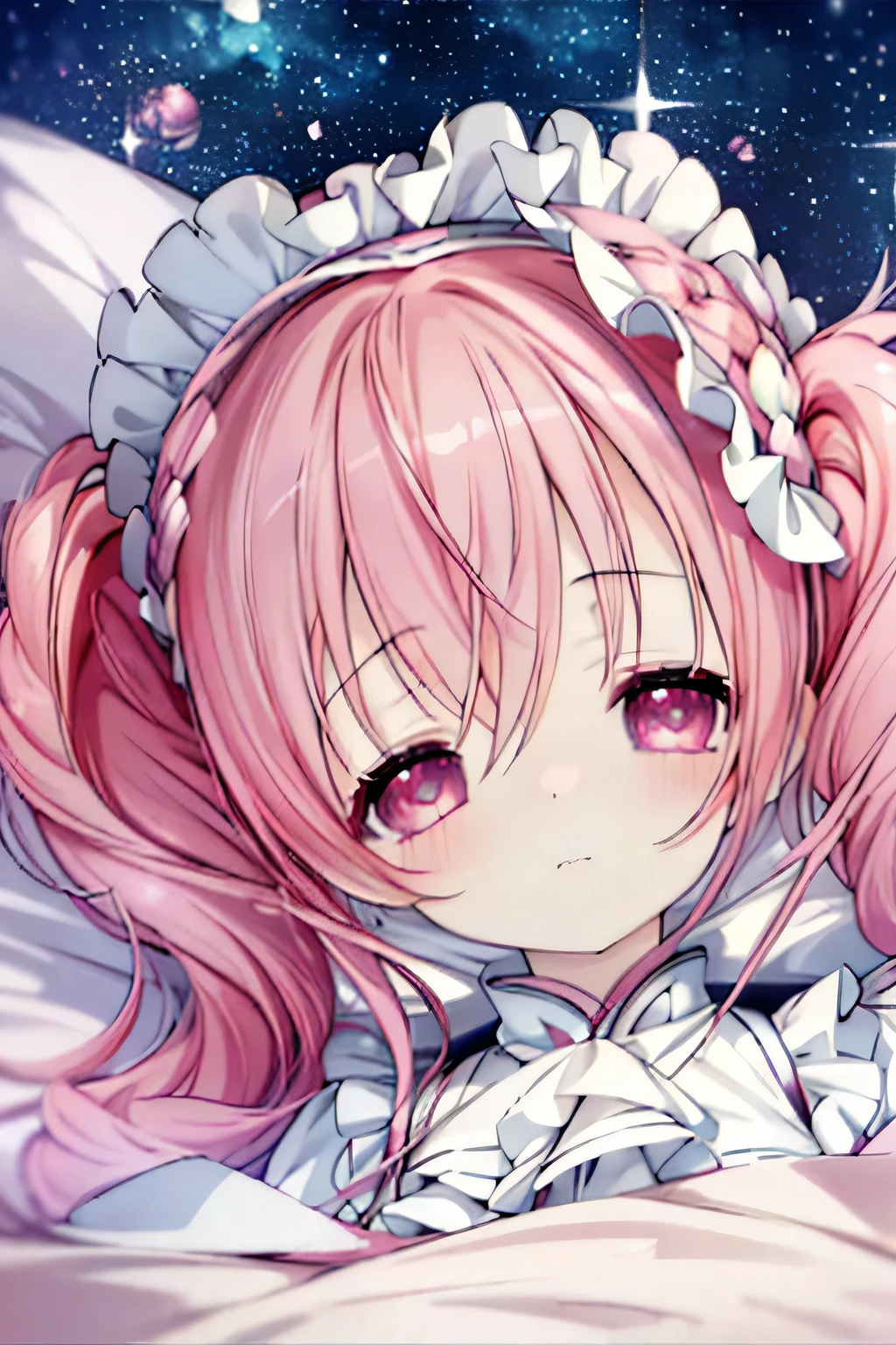 masterpiece, 最high quality, high quality, Super detailed, close, Pastel pink twin tails, Pale pink streaks, , smile, cute, Pink Theme, Lovely, ****ta Fashion, (((Starry sky background))), (((No background)))Lying in bed,Sleeping peacefully,Are sleeping,