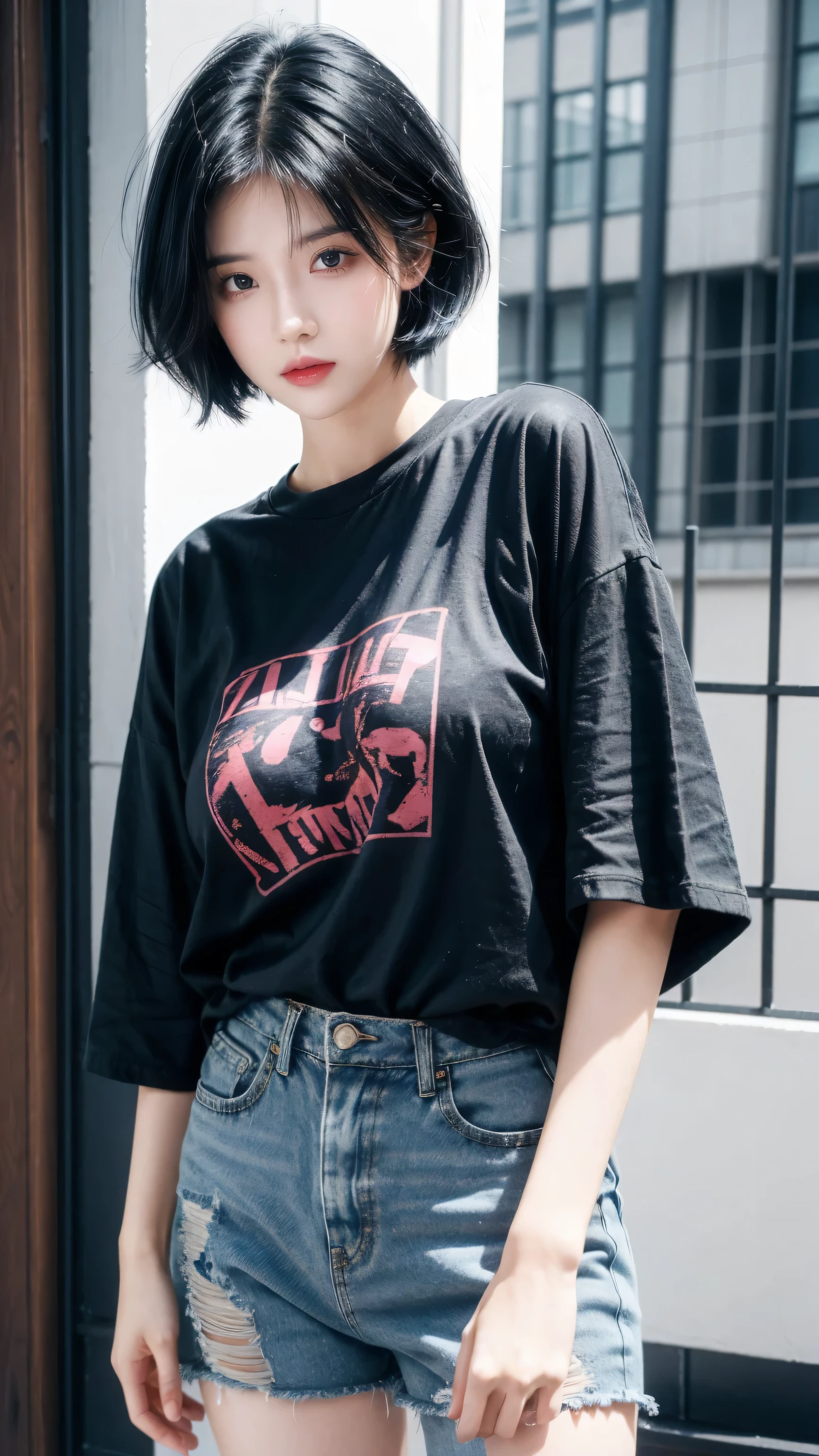 best quality, 1 Girl, dark blue hair, black eyes, Very short hair, Spiky hair, oversize t-shirt pinky, High waist short jeans, 171 cm, Messy hair, Hair between the eyes, Medium breasts, full, Tomboy, aldult, 20 years old, 1 Girl