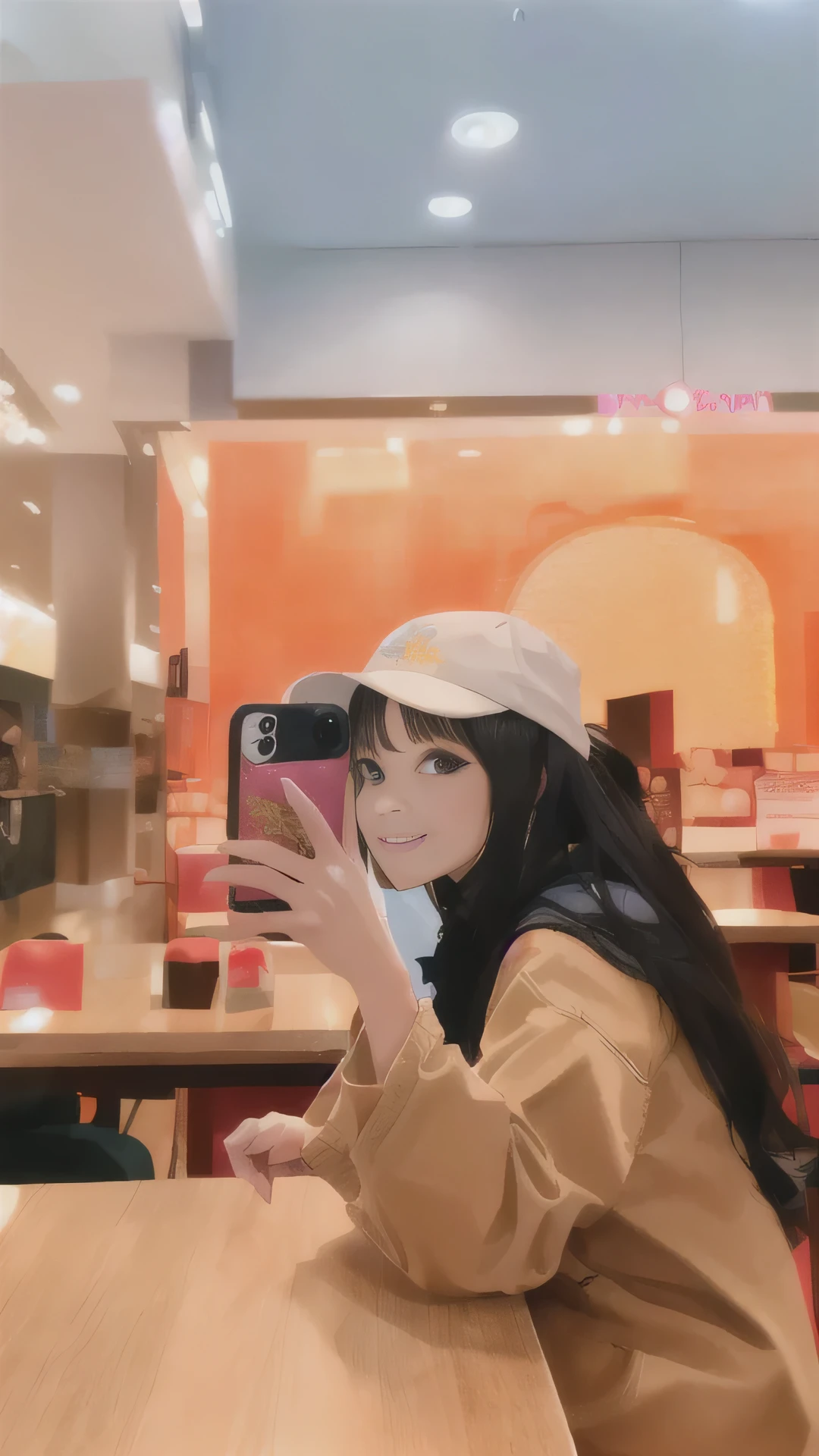 woman sitting at a table taking a picture of herself with her cell phone, 8k selfie photograph, in a mall, 😭 🤮 💕 🎀, shot on nikon z9, with apple, wearing a fisher 🧥, selfie, very very low quality picture, mukbang, semi realism, by Abidin Dino, selfie of a young woman
